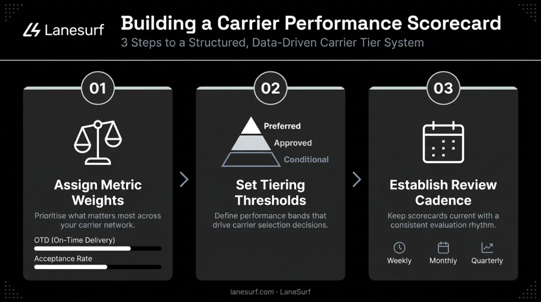 Three-step carrier performance scorecard building process with weighting and tiering