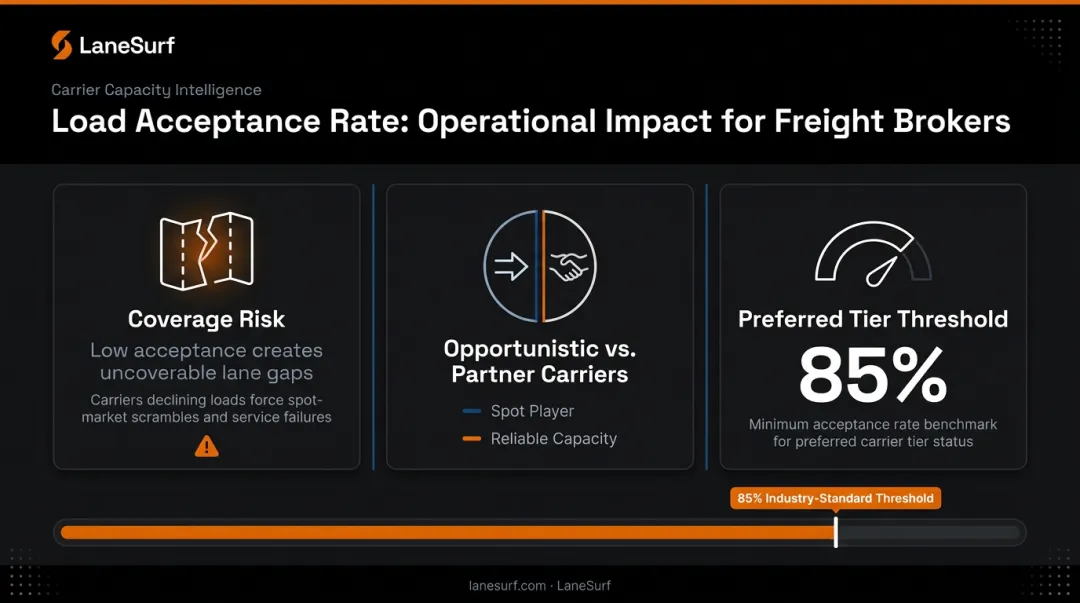 Load acceptance rate impact on freight broker capacity and carrier relationship tiers