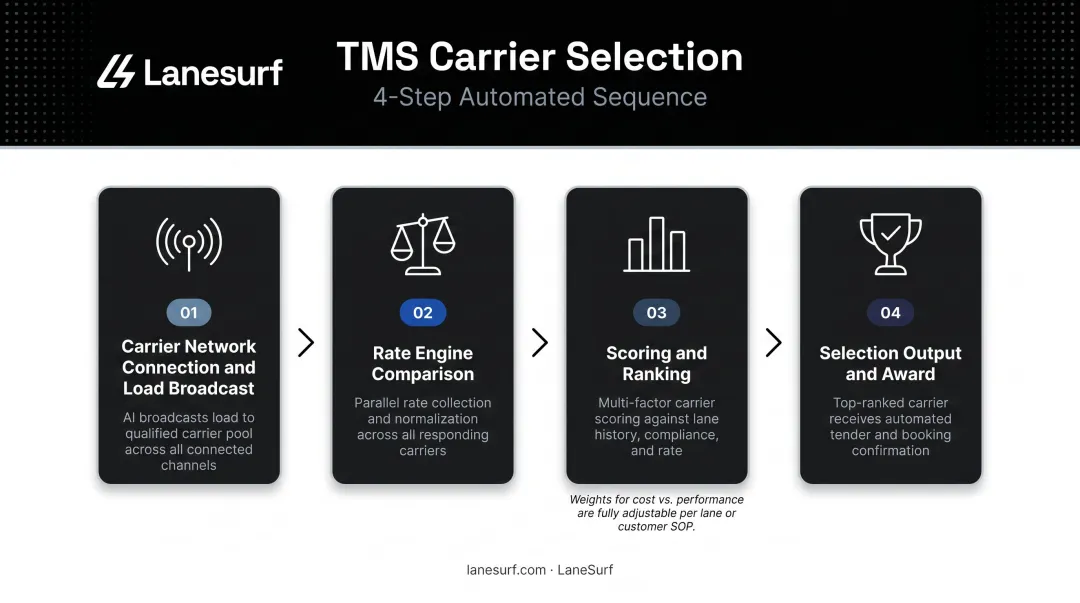Four-step TMS carrier selection process from load broadcast to award decision