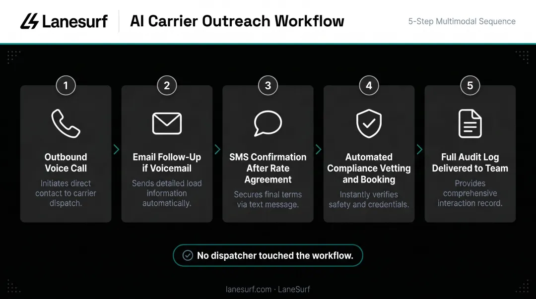 5-step multimodal AI carrier outreach workflow from call to booked load