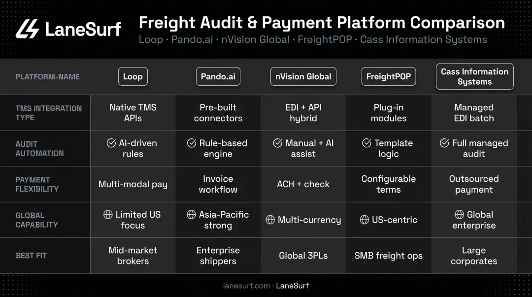 Freight audit and payment platform comparison chart for five top software solutions