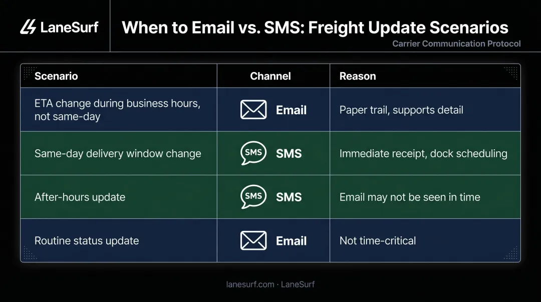 Freight delay notification channel selection matrix by timing urgency and scenario