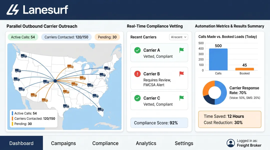 LaneSurf AI Voice Agent platform dashboard showing freight broker automation metrics and results