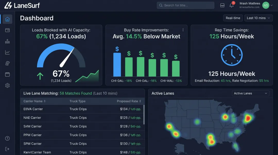 LaneSurf freight brokerage automation platform dashboard showing AI-sourced load metrics