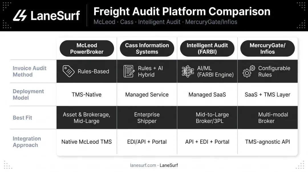 Freight audit and payment tool comparison matrix for four leading platforms