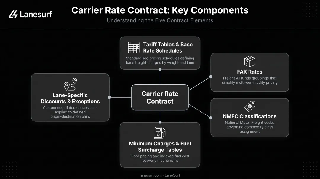 Freight carrier contract rate components taxonomy infographic with five key variables