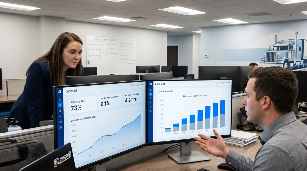 Freight brokerage team reviewing AI-powered load management performance data on dashboard screens