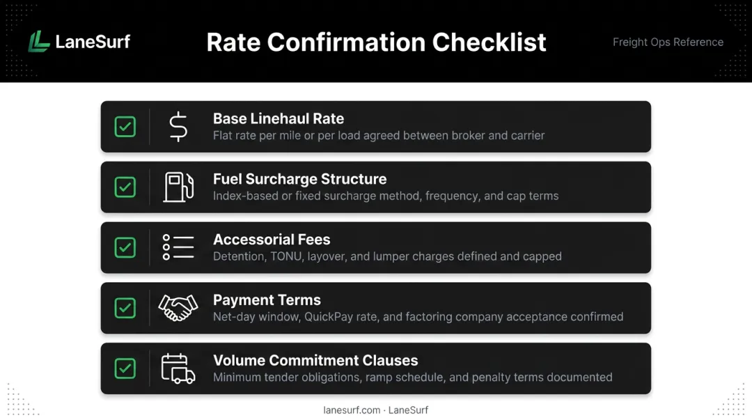 Five-component freight rate confirmation checklist infographic for brokers