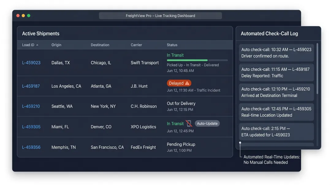 Freight broker load tracking software dashboard displaying automated shipment status updates