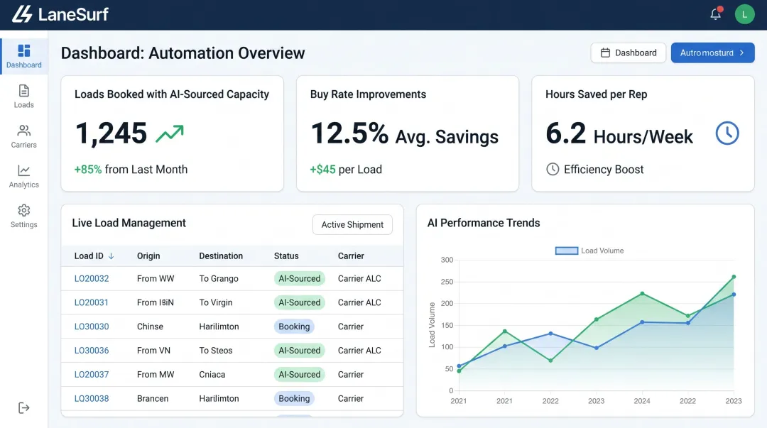 LaneSurf AI freight brokerage platform dashboard showing load automation and carrier sourcing metrics