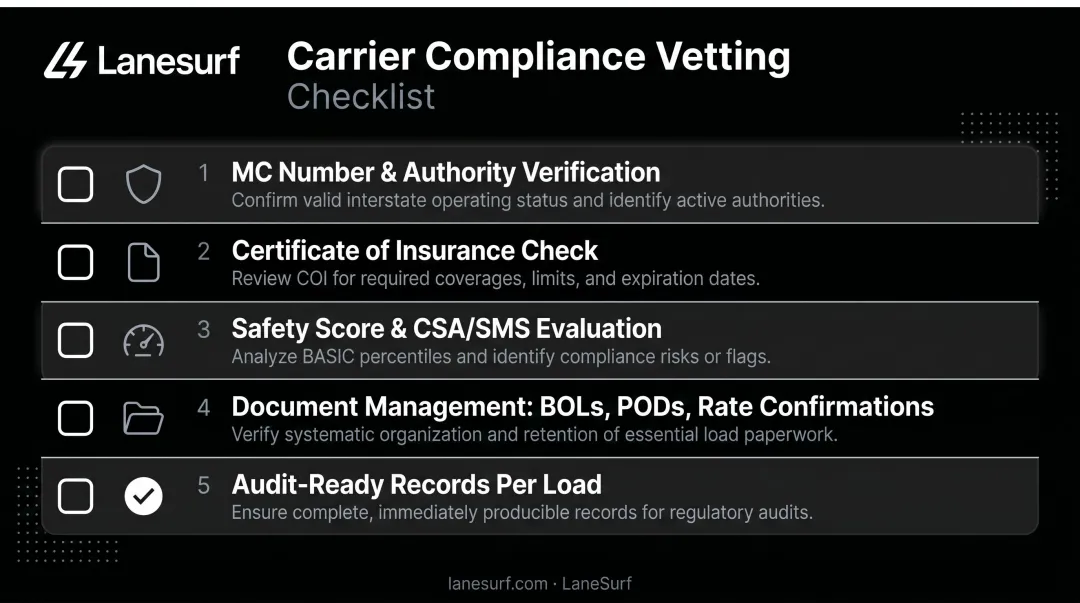 Five-step carrier compliance vetting checklist for freight brokerages process flow