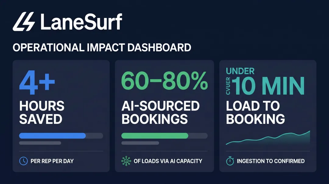LaneSurf AI platform metrics dashboard showing broker time savings and load booking results
