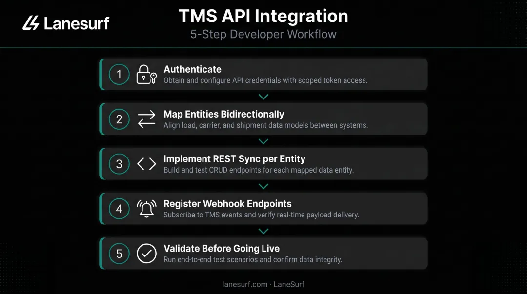 5-step TMS API integration build process from authentication to validation