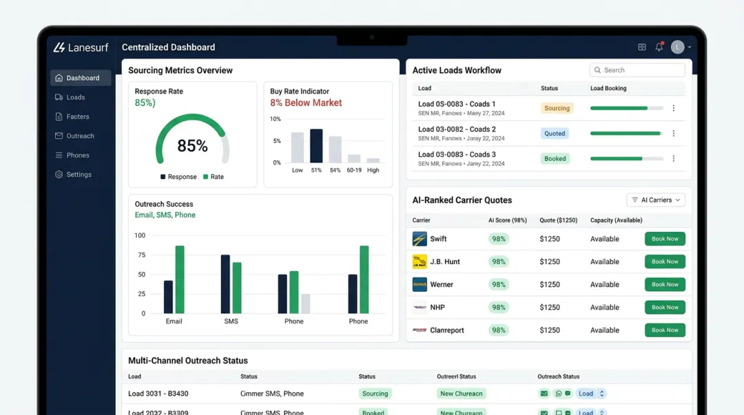 LaneSurf AI carrier sourcing dashboard displaying ranked quotes and booking metrics