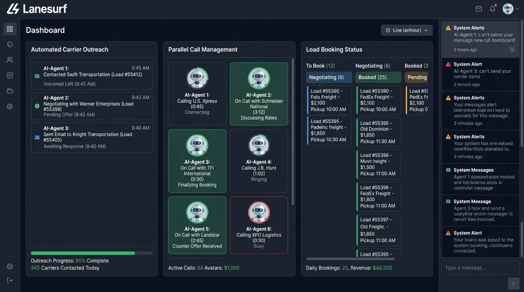 LaneSurf AI Carrier Sales Agent dashboard showing automated outreach and booking metrics