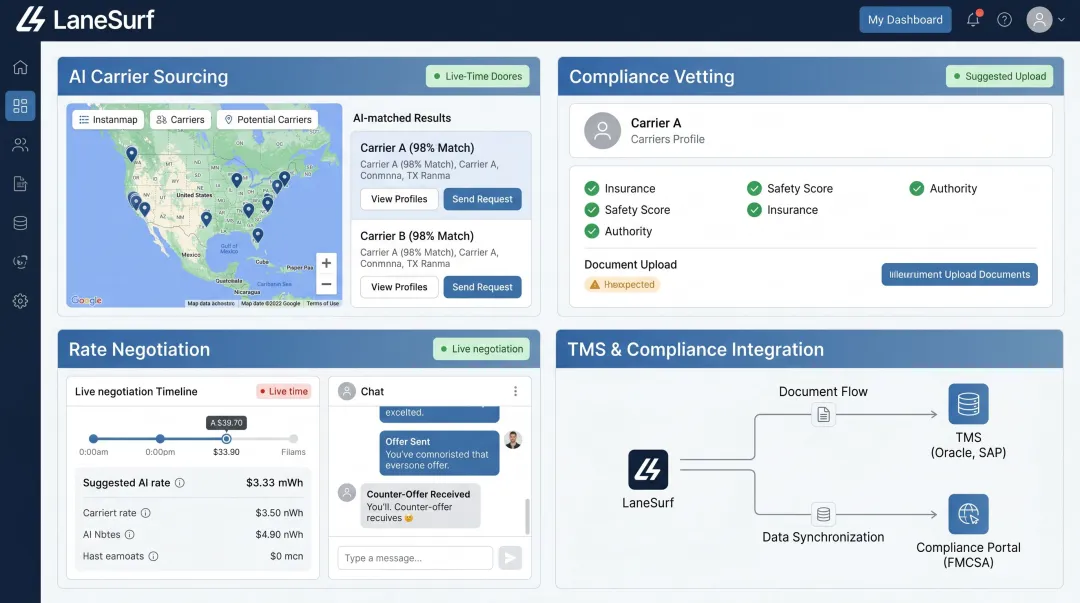 LaneSurf AI freight automation platform dashboard showing carrier sourcing and TMS integrations