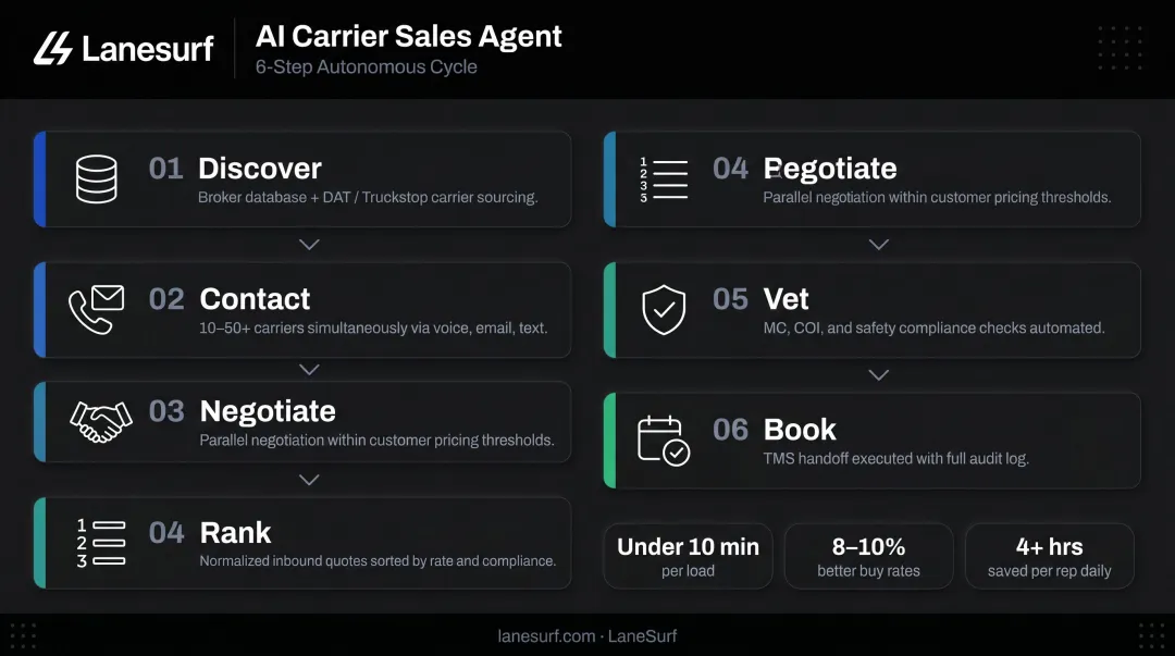LaneSurf AI carrier sales agent six-step automated source quote book process flow
