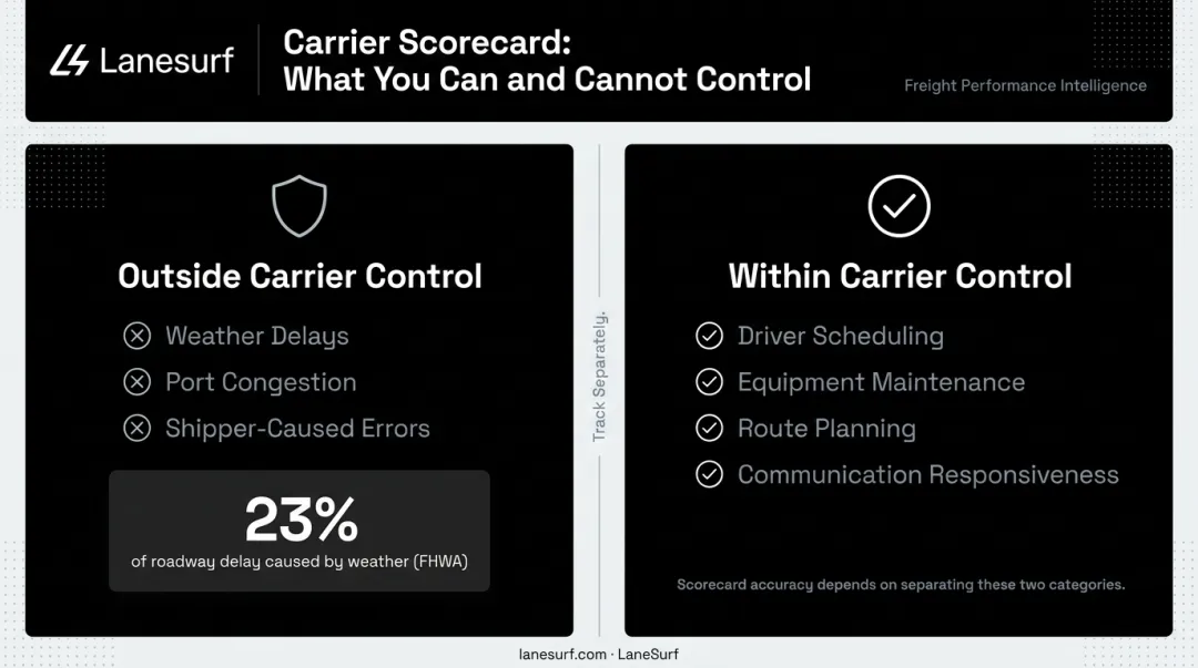 Controllable versus uncontrollable carrier delay factors on-time delivery scorecard breakdown
