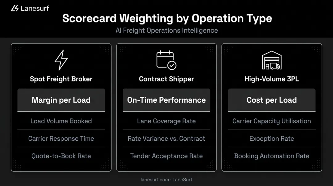 Carrier scorecard metric weighting comparison across three freight operation types