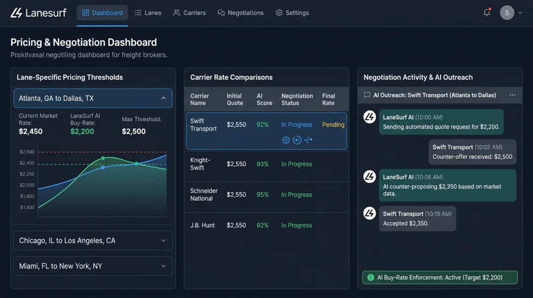 LaneSurf AI carrier negotiation dashboard showing lane-specific pricing thresholds and buy rates