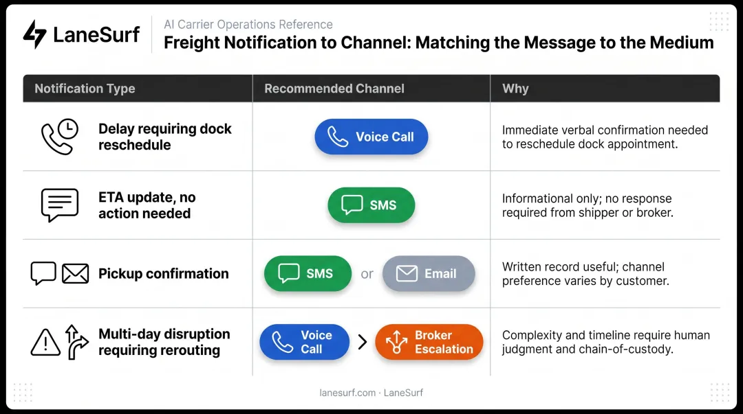 Freight notification channel comparison matching urgency to voice SMS or email