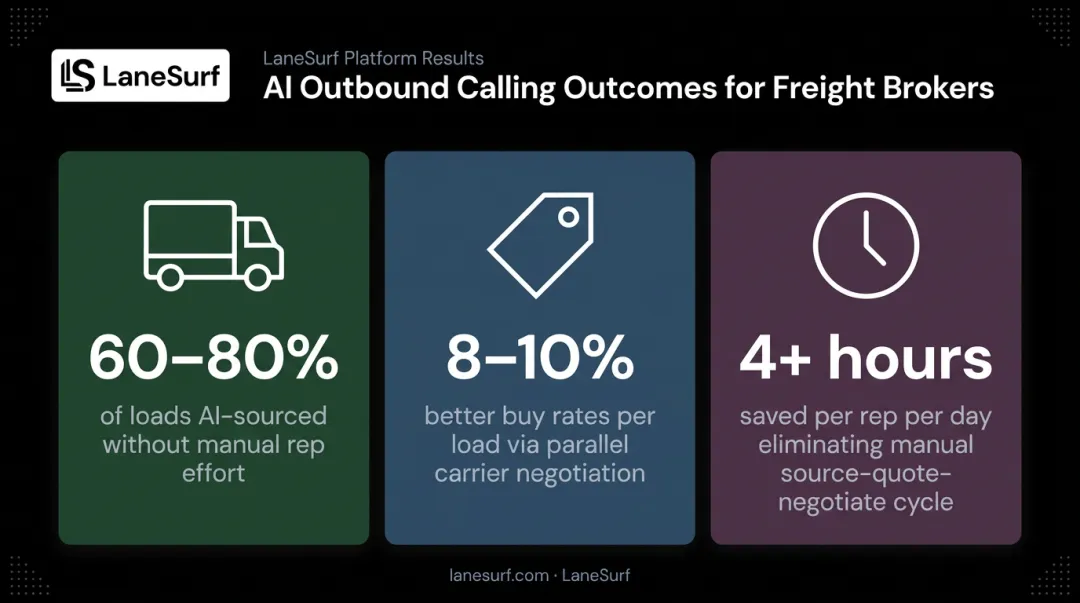LaneSurf freight broker AI calling results showing loads sourced savings and buy rates