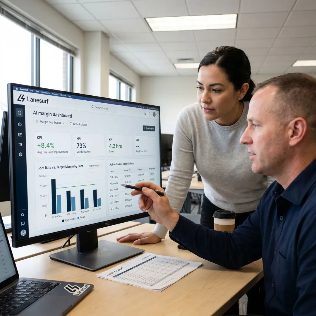 Freight broker reviewing margin analytics dashboard