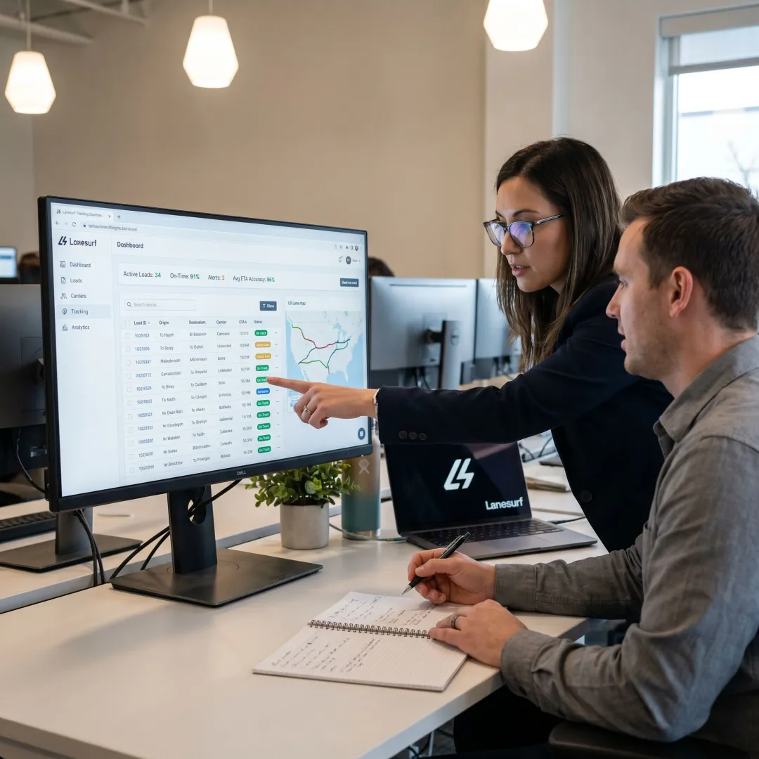 Logistics team reviewing real-time freight tracking dashboard