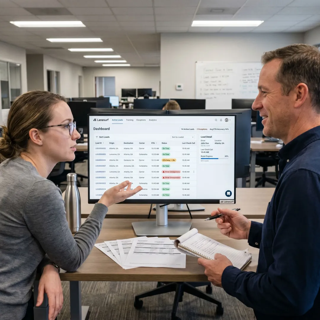 Team reviewing AI freight tracking dashboard