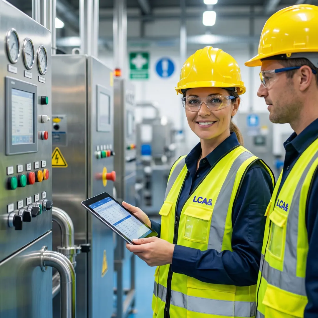 Safety consultant reviewing inspection checklist with facility manager