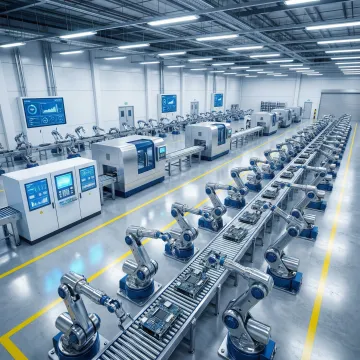 Modern automated factory floor with industrial robots and control systems