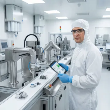 Medical device manufacturing quality control inspection in progress