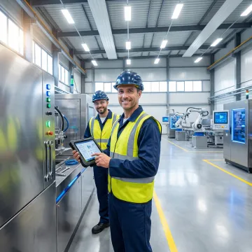Industrial technicians installing heavy manufacturing equipment in modern factory facility