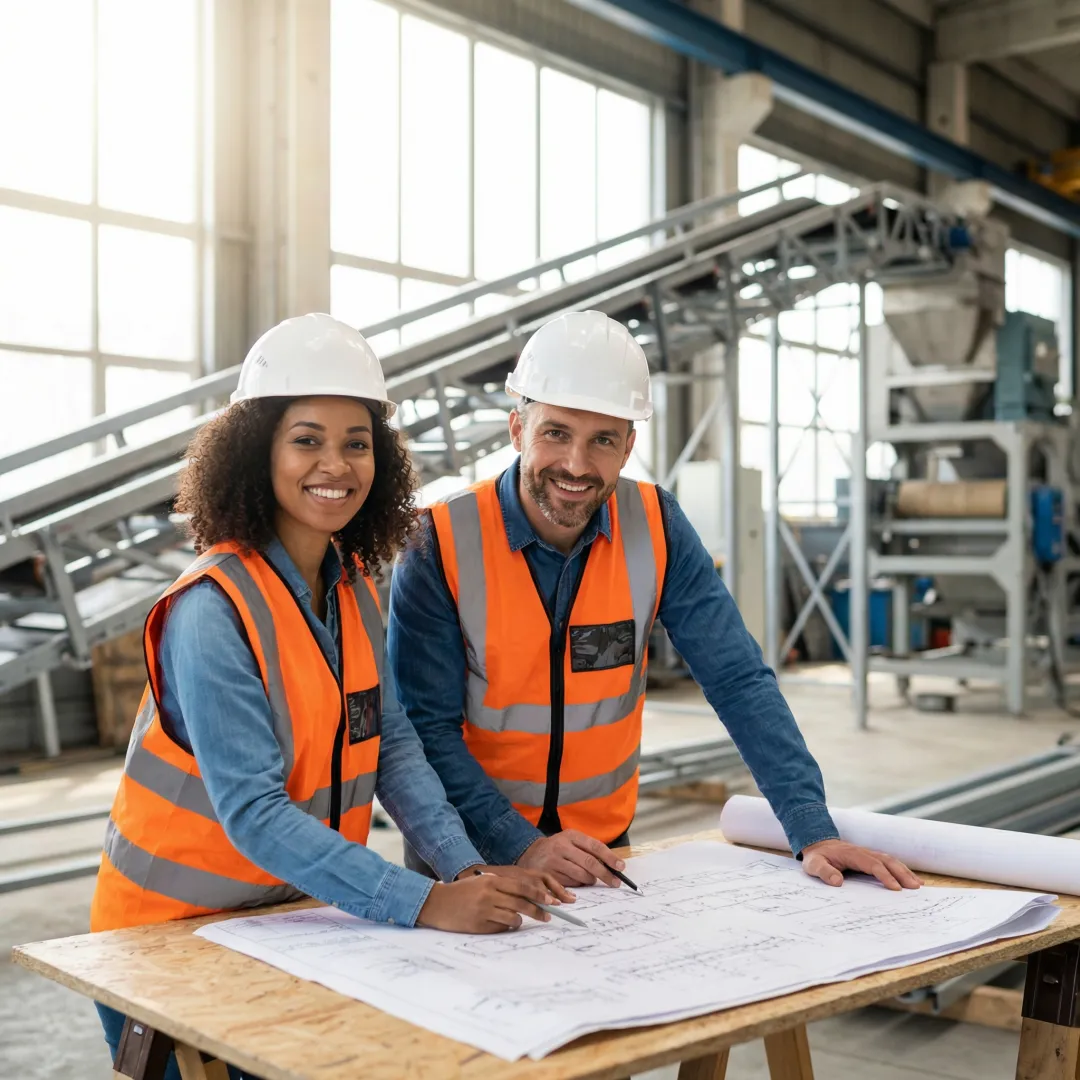 Industrial engineers reviewing conveyor installation blueprints at manufacturing facility