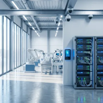 Industrial facility with advanced security systems protecting manufacturing operations