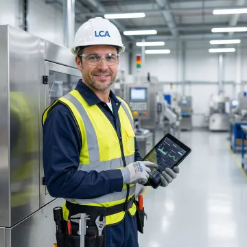 Industrial inspector examining manufacturing equipment with diagnostic tools in Georgia facility