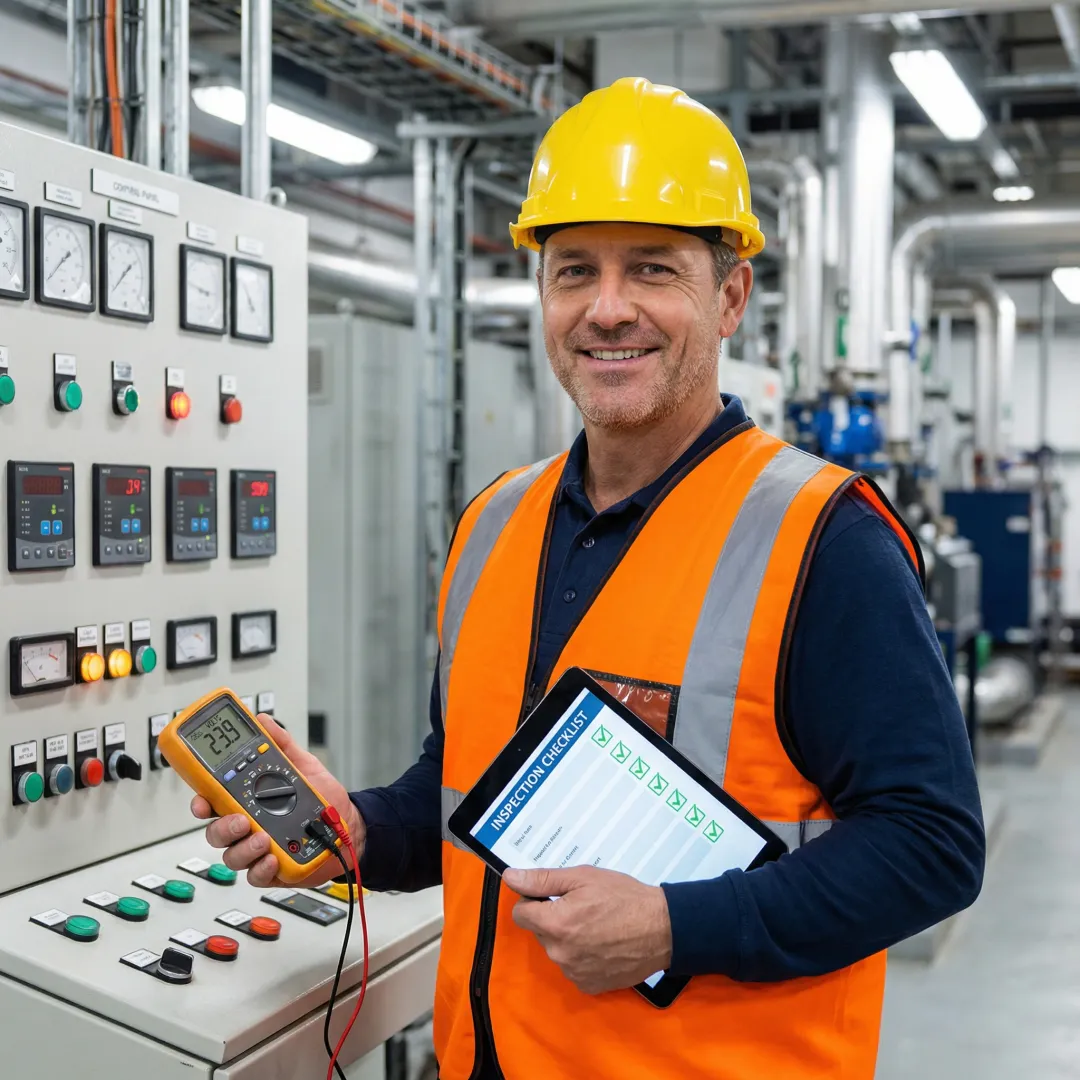 Industrial engineer reviewing inspection checklist and equipment diagnostics on manufacturing floor