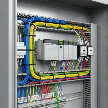 Complex industrial electrical panel installation with organized wiring and control systems