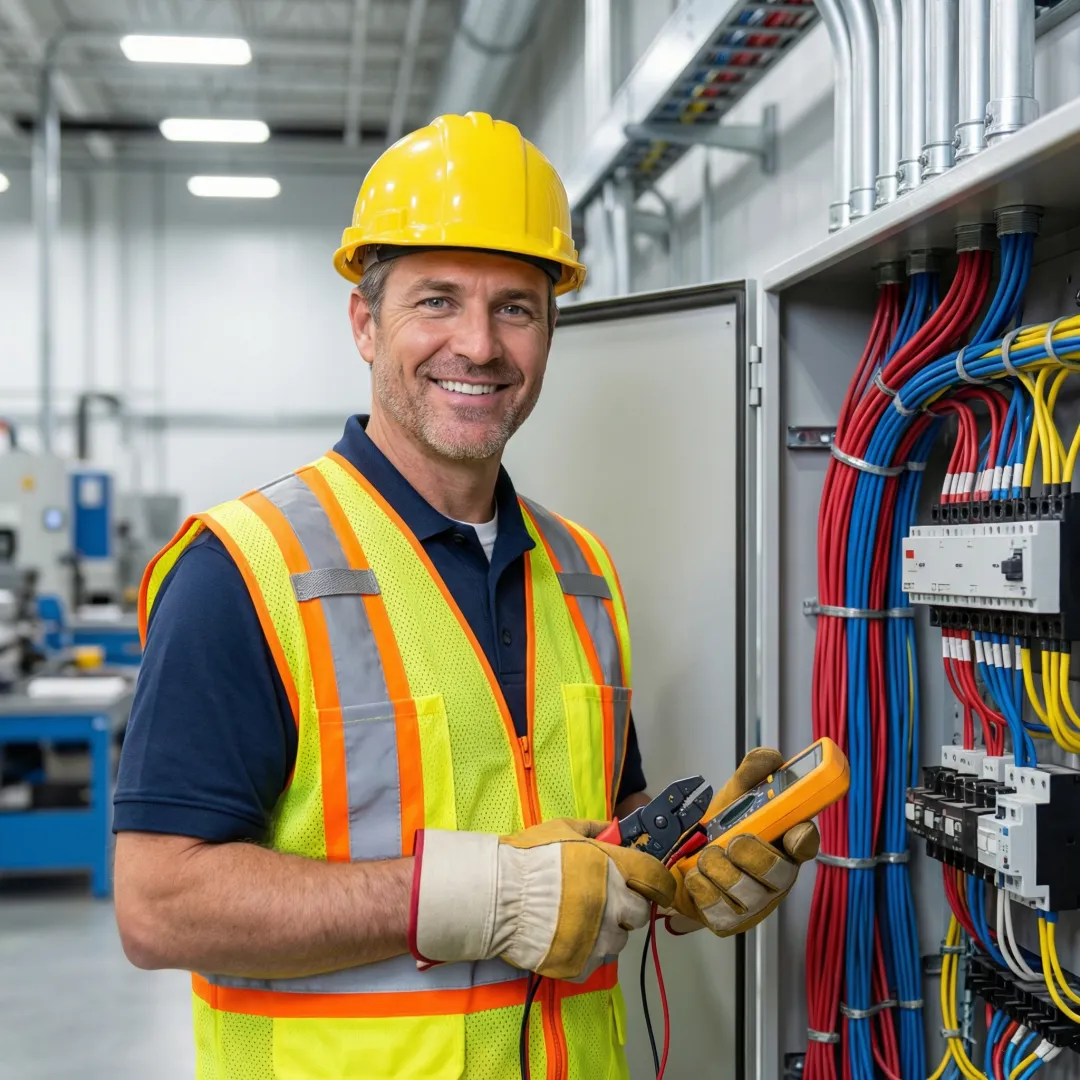 Industrial electrician installing heavy-duty wiring systems in Florida manufacturing facility