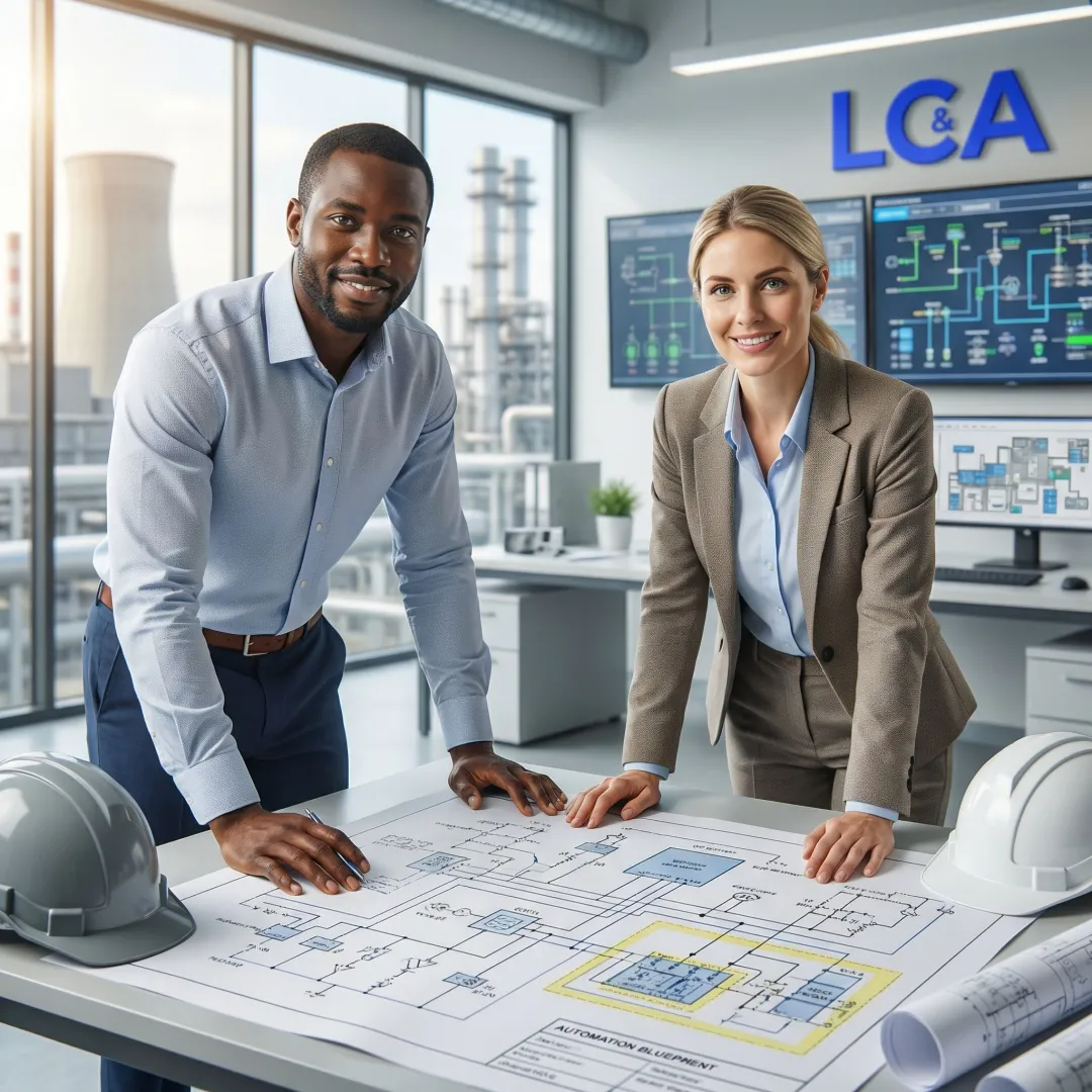 Engineers reviewing power plant automation system blueprints and control panel schematics