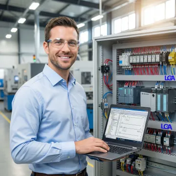 Engineer programming industrial PLC controller for automated manufacturing system