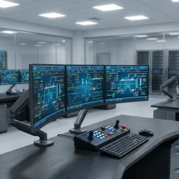 Modern industrial control room with multiple monitoring screens displaying real-time manufacturing data
