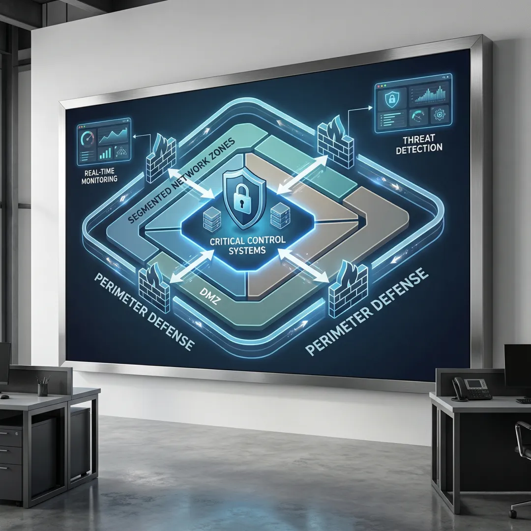 Industrial cybersecurity implementation process with network diagrams and security protocols