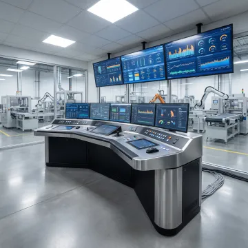 Modern industrial automation control room with multiple monitors displaying process data and control panels