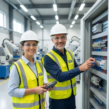 Professional industrial electricians installing complex wiring systems in a Georgia manufacturing facility