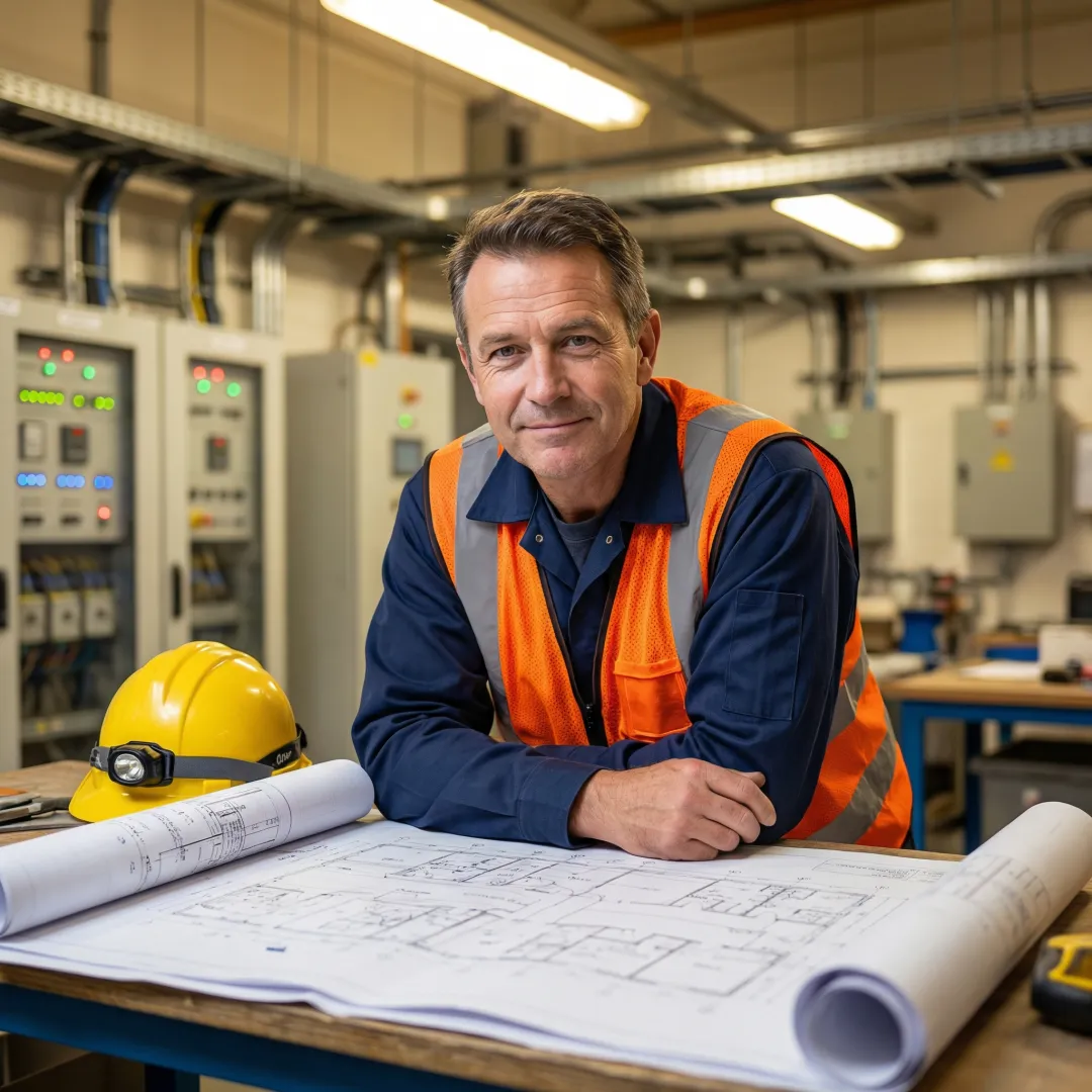 Technician reviewing electrical wiring schematics and installation plans in industrial setting