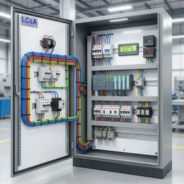 Complex industrial electrical panel with organized wiring and control systems