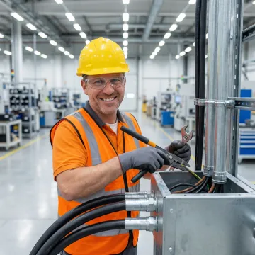 Industrial electrician installing heavy-duty wiring systems in Alabama manufacturing facility