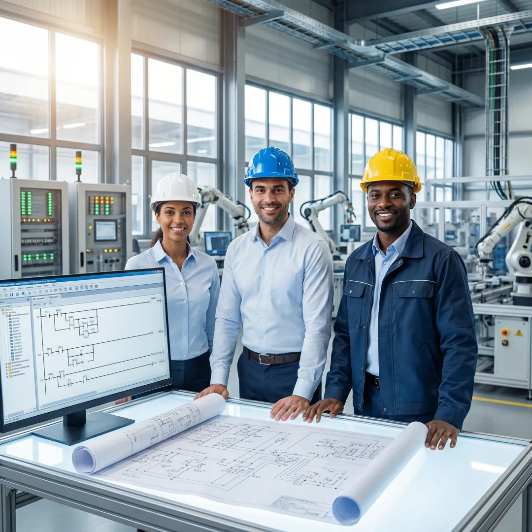 Industrial engineers collaborating on automation system implementation in manufacturing facility
