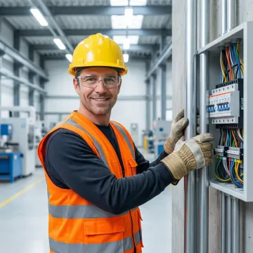 Industrial electrician installing complex wiring system in Tennessee manufacturing facility
